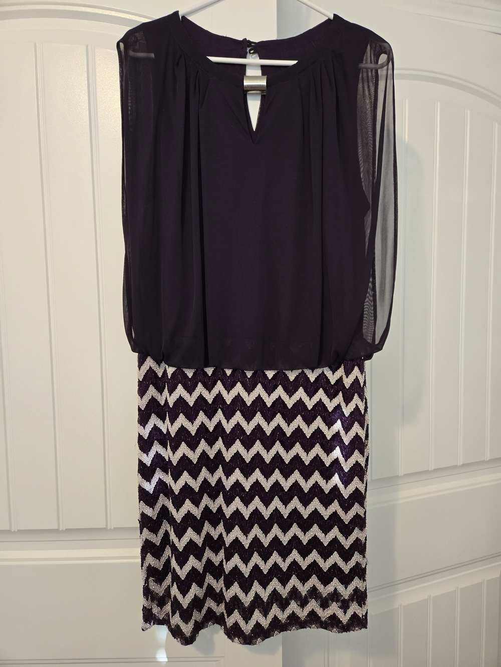 New York & Company Black Chiffon Top with Purple & White Chevron Sequin Skirt
